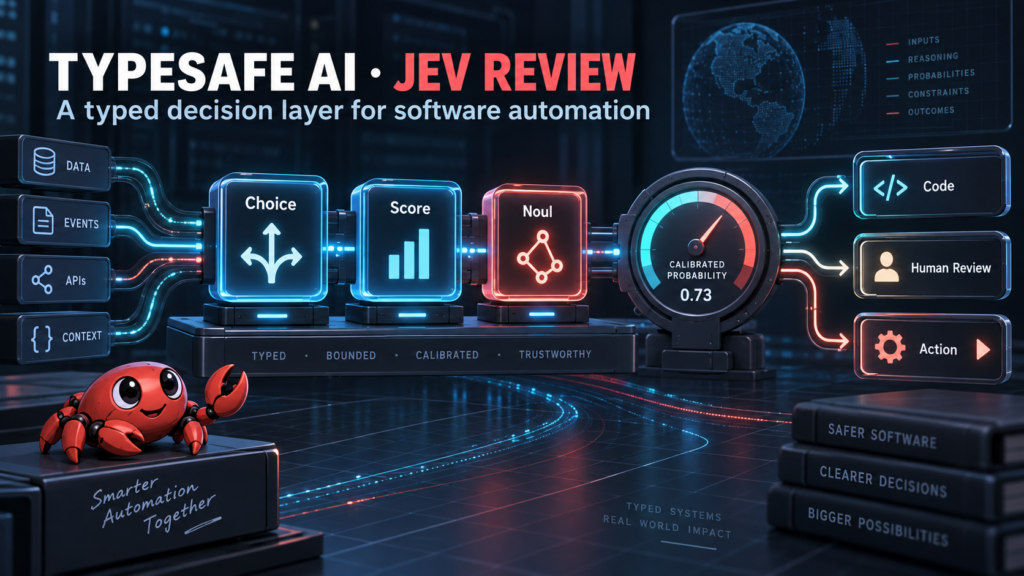 TypeSafe AI Jev review decision pipeline with Choice, Score, Noul, probability, code and human review